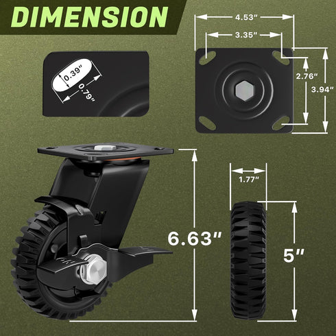 TOROTEK 5 inch 550lb Set 2 Swivel Caster Wheels, Heavy Duty Solid Rubber Plate Casters, Knobby Tread Locking Brake