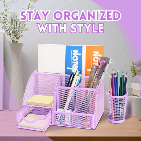 Flexzion Desk Top Caddy Organizer - Purple Office Desk Accessories Organizer and Storage - Metal Mesh Desk with 6 Compartments, Drawer and Pen Holder by Flexzion