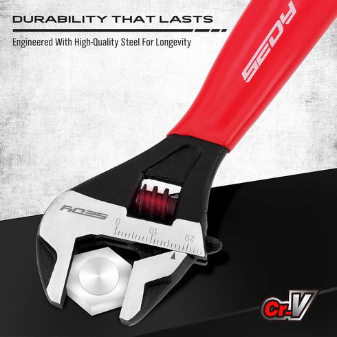 6" Adjustable Wrench Pipe Spanner: Wide Jaw Black Oxide Wrench With Cushion Grip, Laser Marked Metric & SAE Scales, CR-V Steel, for Professionals by SEDY