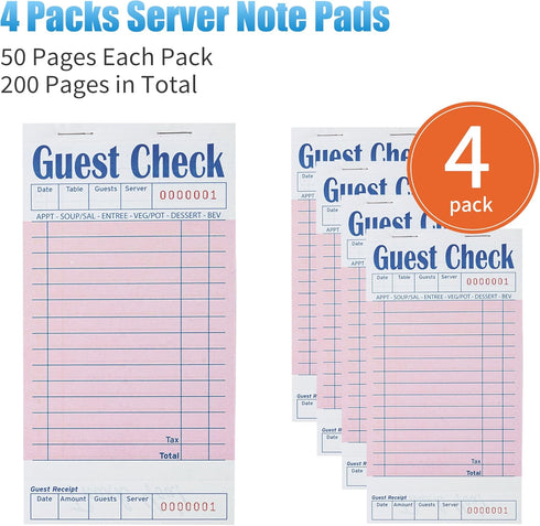 4 Pack 50 Sheets/Pack, 200 ZPARIK Pink Guest Checks Books for Servers Server Note Pads, Waiter Checkbook, Waitress