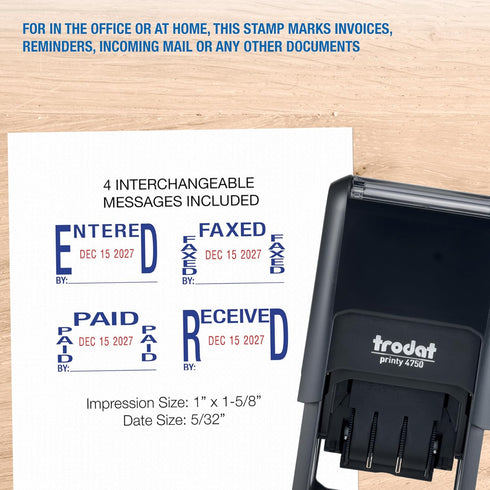Trodat Printy 4750 Self Inking Date Stamp, Blue and Red Ink, 1" x 1-5/8"