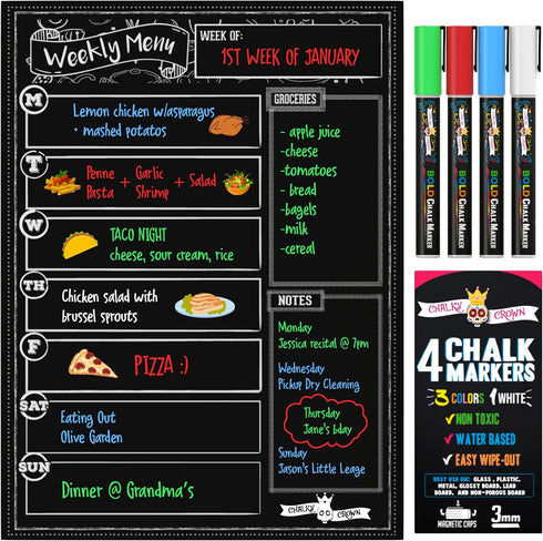 Magnetic Dry Erase Menu Board for Fridge, Includes 4 Liquid Chalk Markers, Weekly Meal Planner Blackboard