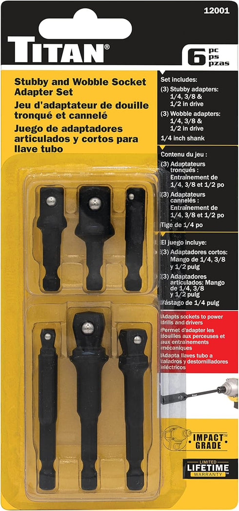12001 6-Piece Set, Titan Stubby Wobble and Straight Impact Socket Adapter Black