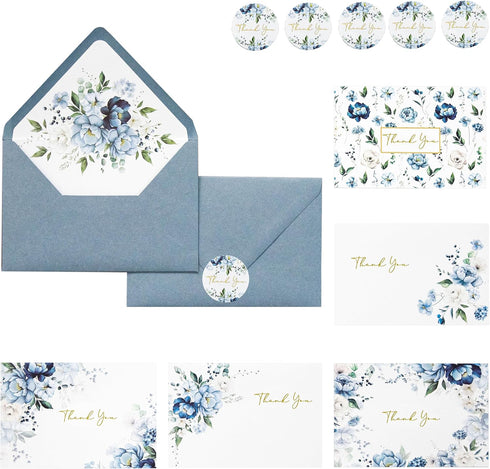 PONATIA 50 PACK Gold Foil Thank You Cards With Dusty Blue Envelopes,