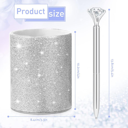 Pen Holder with 6 Pcs Bling Diamond Pens, Pencil Cups for Desk Glitter Bling Desk Organizer Makeup Brush Holder for Women Girls Classroom Offices Home (Silver)