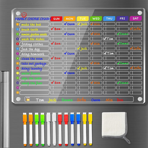 PigPotParty Magnetic Chore Chart for Kids, Family Chore Board 16"x 12" Acrylic for Teens Adults with 12 Markers