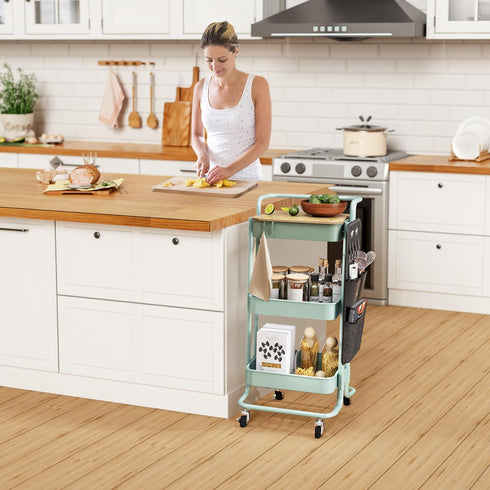 DTK 3 Tier Metal Utility Rolling Cart, Table Top & Side Bags, Storage Organizer with Wheels, Green