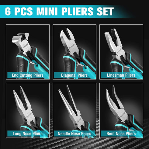 Set, 6PCS Set, DURATECH Mini Pliers Jewelry Pliers CRV Construction, Includes Needle Nose, Diagonal, Long Nose, Bent