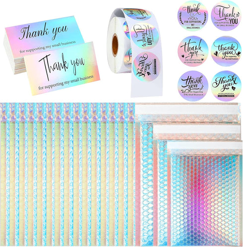 Xvvirnt 50 Pcs Holographic Bubble Mailers,Metallic Bubble Mailers With Thank You Cards and