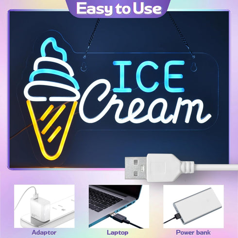 Adjustable,16.1x 11inches CNBEYOUNG Ice Cream Neon Sign, Neon Lights Hanging Wall Art Decoration for Restaurants Ice