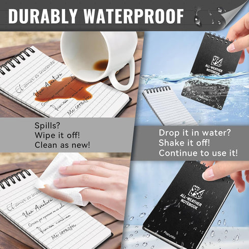 POPYOLA 4 Pack Waterproof Pocket Notebook, 3x5 Pocket Notepad, All Weather Mini Spiral Notepad, Write in the Rain Police Notepad with 100 Squared Pages for Outdoor Home Office School, Black