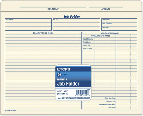 TOPS Job Folder File Jackets, Manila, 11.75 x 9.5 Inches, 20-Pack (3440)