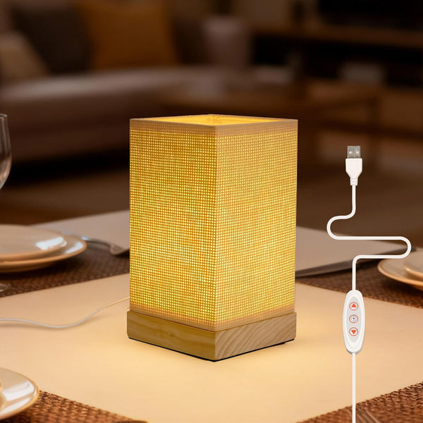 LUSHARBOR Boho Bedside Table Lamp, Decorative Dimmable Rattan Lamp Battery Operated, Small