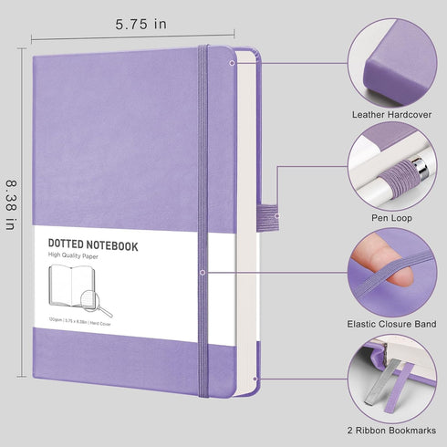 RETTACY Bullet Dotted Journal 2 Pack - A5 Dotted Grid Journal Notebook with 160 Numbered Pages per Pack, 120 GSM Acid-Free Paper, Leather Hardcover, Inner Pocket, 5.7'' × 8.3'' (Black & Purple)