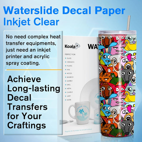 Koala Waterslide Decal Paper, 20 Sheets 8.5x11 Inch Clear Water Slide Transfer Paper for DIY Tumbler & Mug