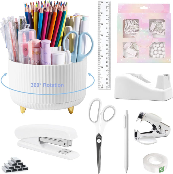 Office Desk Accessories, White 360° Pen Holder Desk Organizers with Tape Dispenser, Stapler, Remover, Staples, Ruler,