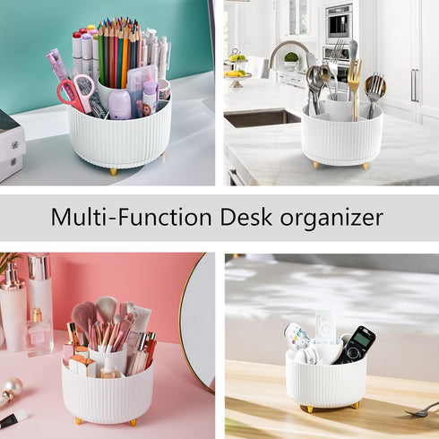 Office Desk Accessories, White 360° Pen Holder Desk Organizers with Tape Dispenser, Stapler, Remover, Staples, Ruler,