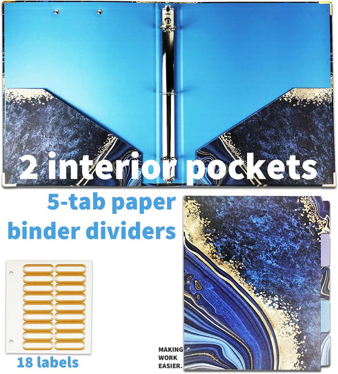 Binditek 1 Inch Round Ring Binder with 5-Tab Dividers, 2 Interior Pockets, Navy Marble, 175 Sheet Capacity