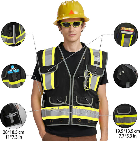 2 AYKRM Heavy Woven cotton High Vis Reflective work construction safety vest for men Class with ipad Cargo Pockets