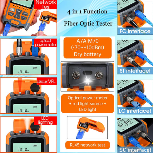 Fiber Optic Tester 4 in 1, Portable Optical Fiber Power Meter, 10 km Visual Fault Locator, OPM & VFL Tester