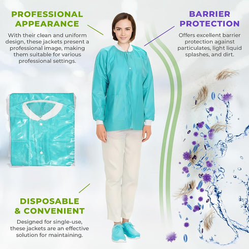 45 3 AMZ Medical Supply Disposable Lab Jackets, GSM SMS, Snap Front Coat with Knit Cuffs Collar & Pockets, Hip Length