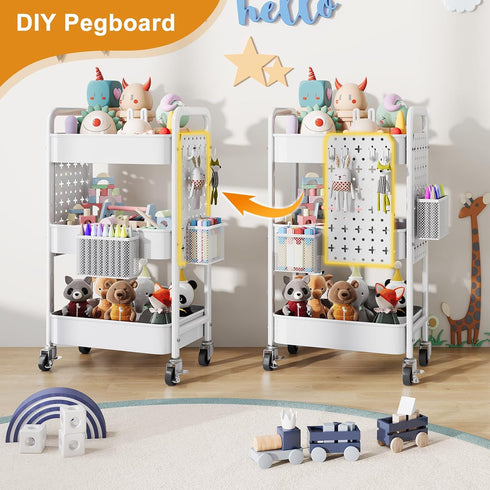 Rcemlip 3 Tier Rolling Cart Metal with DIY Pegboard, White Utility Cart with Lockable Wheels, Three Tiered Craft Cart