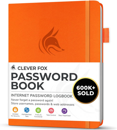 Clever Fox Password Book with Alphabetical Tabs, Internet Address Organizer Logbook, Small Pocket Keeper (Orange)