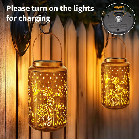 Hummingbird 2 Pack Brizled Solar Lantern Lights, LED Hollow Out Hanging Lantern Lights Outdoor, Warm White Solar Garden