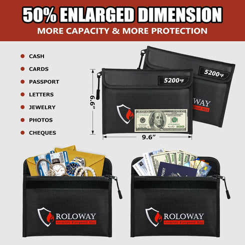 ROLOWAY Fireproof Bag (9.6 x 6.6 inches), 5200 F Heat Insulated, Zippered Fireproof Money Organizer for Cash, 2-Pack