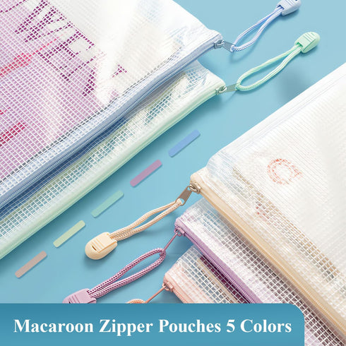 M&G 20 Pack A4 Mesh Zipper Pouch Bags, Waterproof Document Storage with Label Pocket, Macaroon Colors