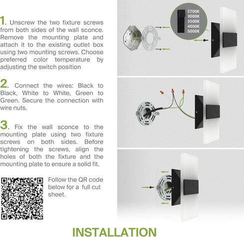 8 Inch 10W 2700K-5000K Dimmable ASD Indoor LED Wall Sconce - Black Wall Sconce Lights for Living Room, Bedroom