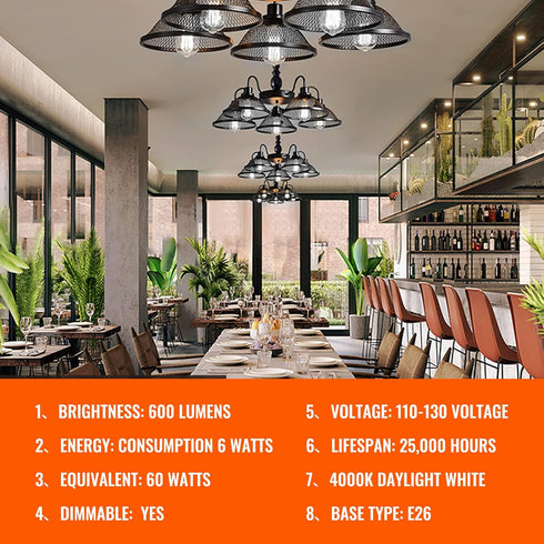 Fishbone Filament LED Edison Bulbs, 60 Watt Equivalent ST64 E26, Dimmable Vintage Light Bulbs, 600 Lumen, 4000K Daylight