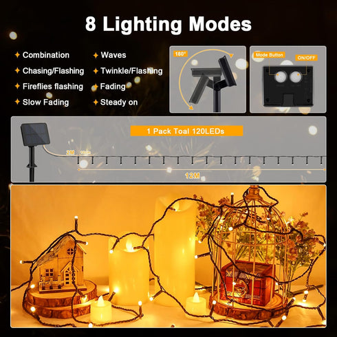 cshare 39.4ft 120LED 8 Solar String Lights for Outside, Outdoor Solar String Lights Modes for Garden Yard Patio Tree