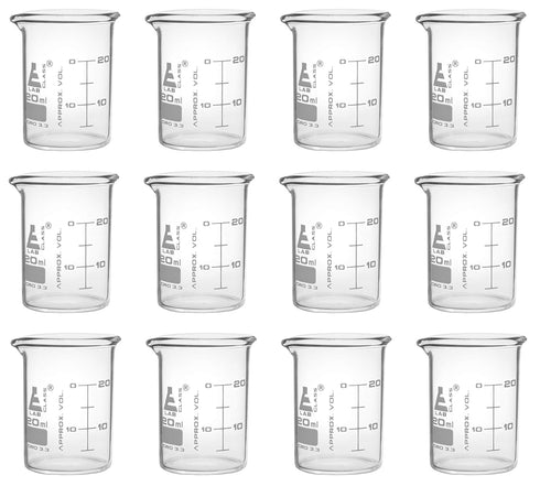 EISCO 12PK Beakers, 20ml Low Form with Spout, Dual Scale, White Graduations, Borosilicate 3.3 Glass