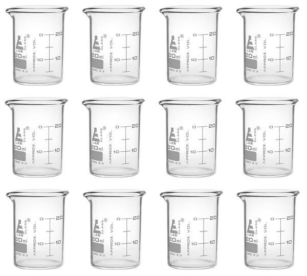 EISCO 12PK Beakers, 20ml Low Form with Spout, Dual Scale, White Graduations, Borosilicate 3.3 Glass