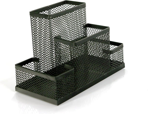 Huron Pen Holder and Desk Organizer, 4 Compartment Black Steel Mesh