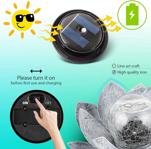 Huaxu Solar Lights Outdoor Garden, Crackle Globe Glass Lotus Decor, Waterproof LED Metal Flower Decorations