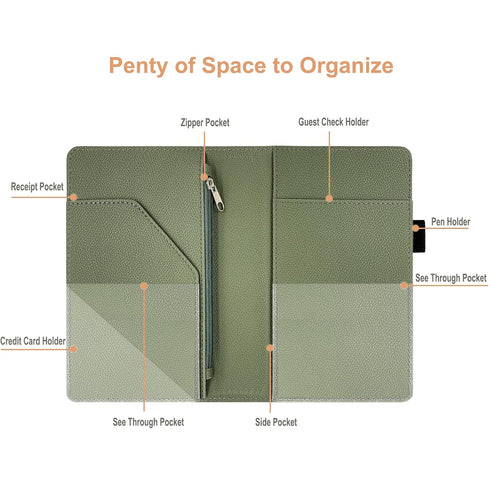 RSAquar Premium Leather Server Book with Zipper Pocket, Waitress Wallet Fit Server Apron, Agave Green
