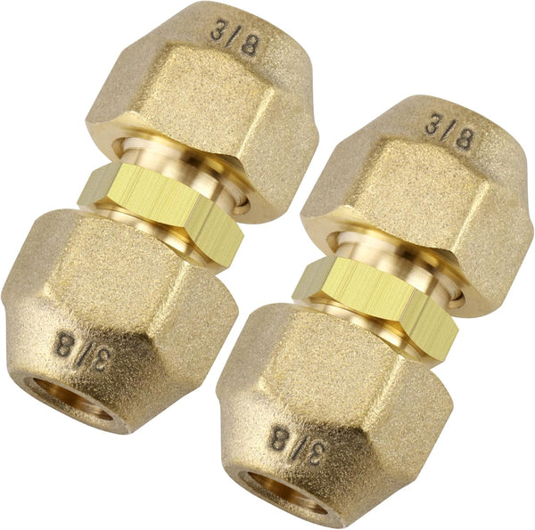 2 Packs AC Copper Pipe Extension Joint Connectors, 3/8-Inch Air Conditioning Pipe Coupling Adapters with Flare Nuts