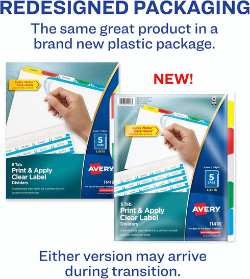 Avery 5 Tab Dividers for 3 Ring Binder, Customizable Multicolor Tabs, Easy Print & Apply, 5 Sets
