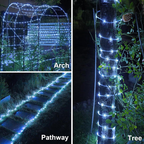 66ft 200 8 YEGUO Solar Rope Lights Outdoor Waterproof, LED White String Lights, Modes Fairy Lights in Clear Thin Tube