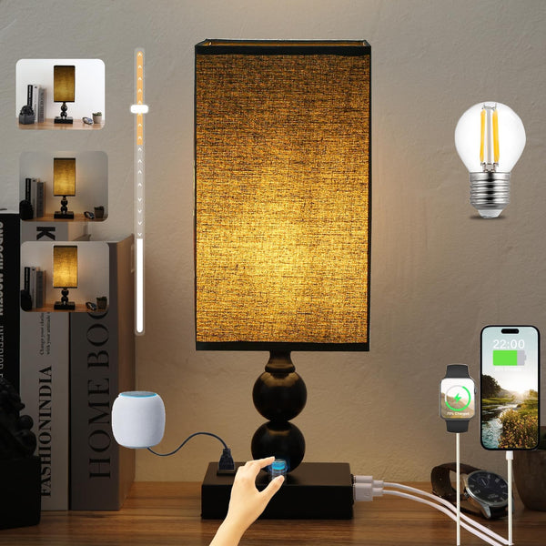 Bedside Table lamp Dimmable with Charging Station, Small end Desk Nightstand Lamps