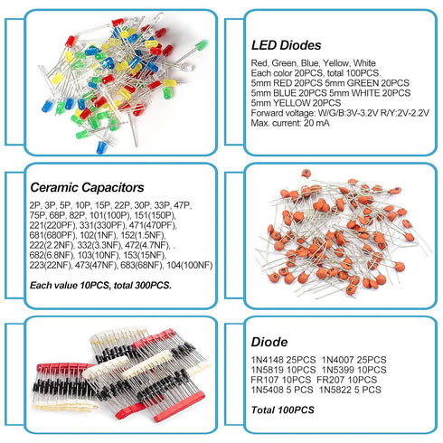 1400Pcs Basic Electronics Component Assortment Kit for Arduino, Electrolytic Capacitor, Resistor, LED Diode