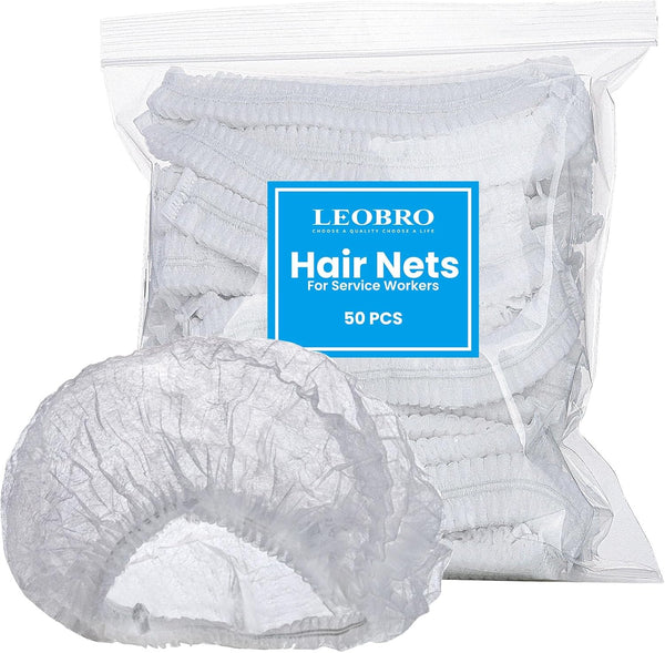 LEOBRO Hair Nets for Food Service Workers, 50PCS Disposable Kitchen Hair Nets for Women and Men Cooking, White