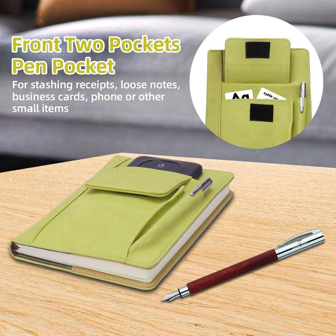 Refillable Lined Leather Journal Notebook, A5 Size Journal for Women Men,100gsm 200 Pages Thick Paper Notebooks with Front Pockets and Pen Pocket, Daily Premium Notebook for Note Taking, Meeting by ADOUNOTES