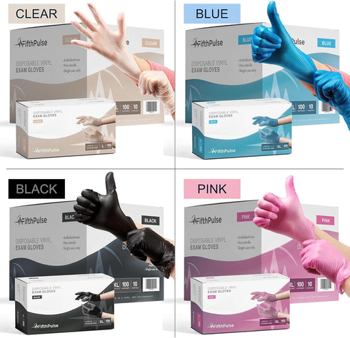 FifthPulse Vinyl Disposable Gloves, White and Pink, 100 Pack - Powder and Latex Free Medical Exam Gloves