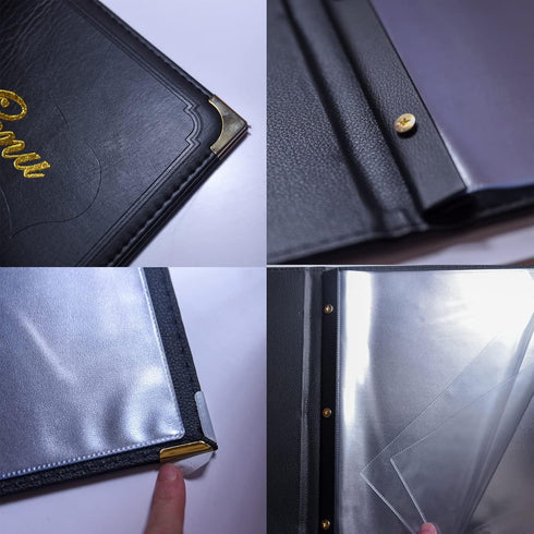 8.5" 11" 7 14 (2-Pack) Menu Covers Premium Faux Leather - Menu Holder x with Transparent Sleeve - Page View