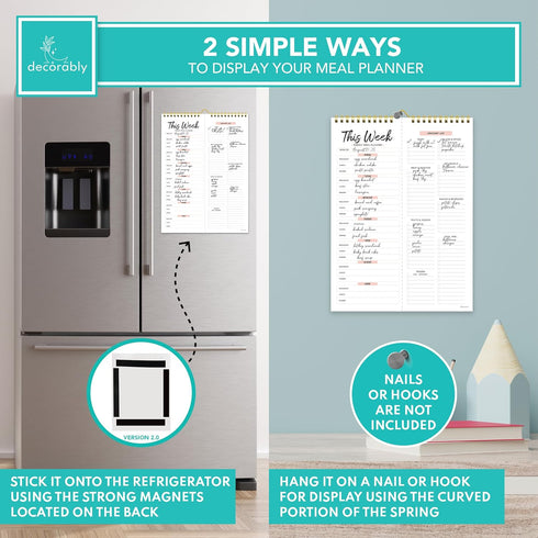 Decorably Weekly Meal Planner with Grocery List - 52 Tear-Off Sheets Refrigerator Meal Planner, 8.5x11in Magnetic