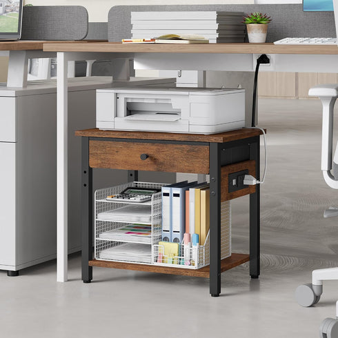 Gewudraw 2-Tier Printer Stand with Charging Station, Under Desk Printer Table, Side Table with Storage Shelves for Home