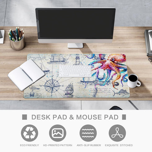 Large Gaming Mouse Pad, Grey Desk Mat for Desktop, Non-Slip Octopus Design, 31.5" x 15.7", Cool Computer Desk Pad